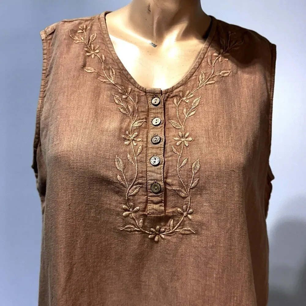 April Cornell Linen Blend Blouse Nantucket Embroidered Tan Brown Size L NWT - Picture 3 of 10